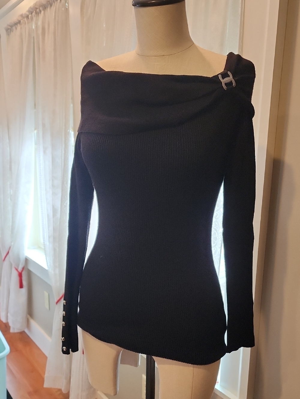 White House Black Market Black Off-Shoulder Ribbed Sweater with Buckle Accent